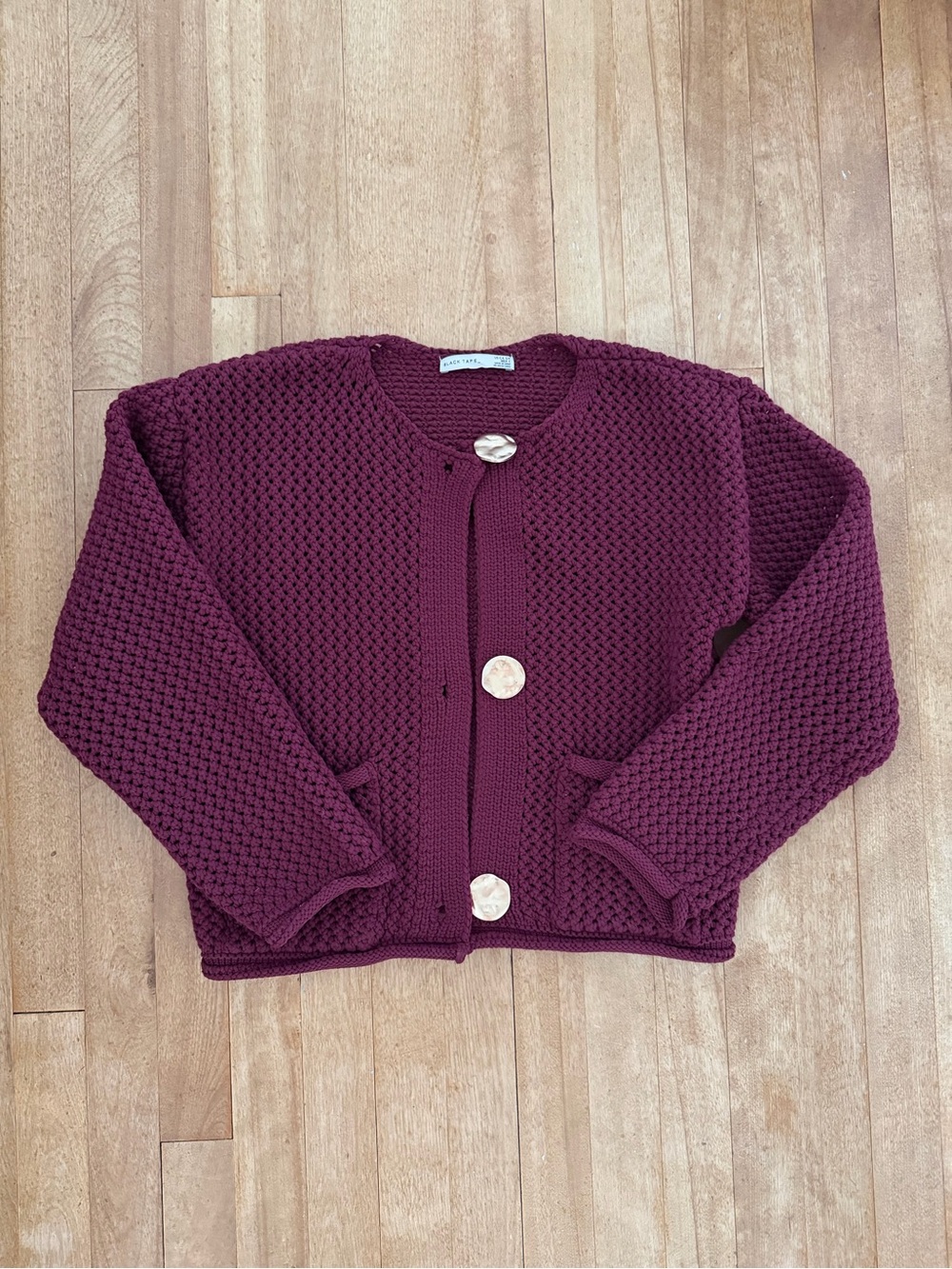 Black Tape_ Textured Knit Button-Front Cardigan - Plum